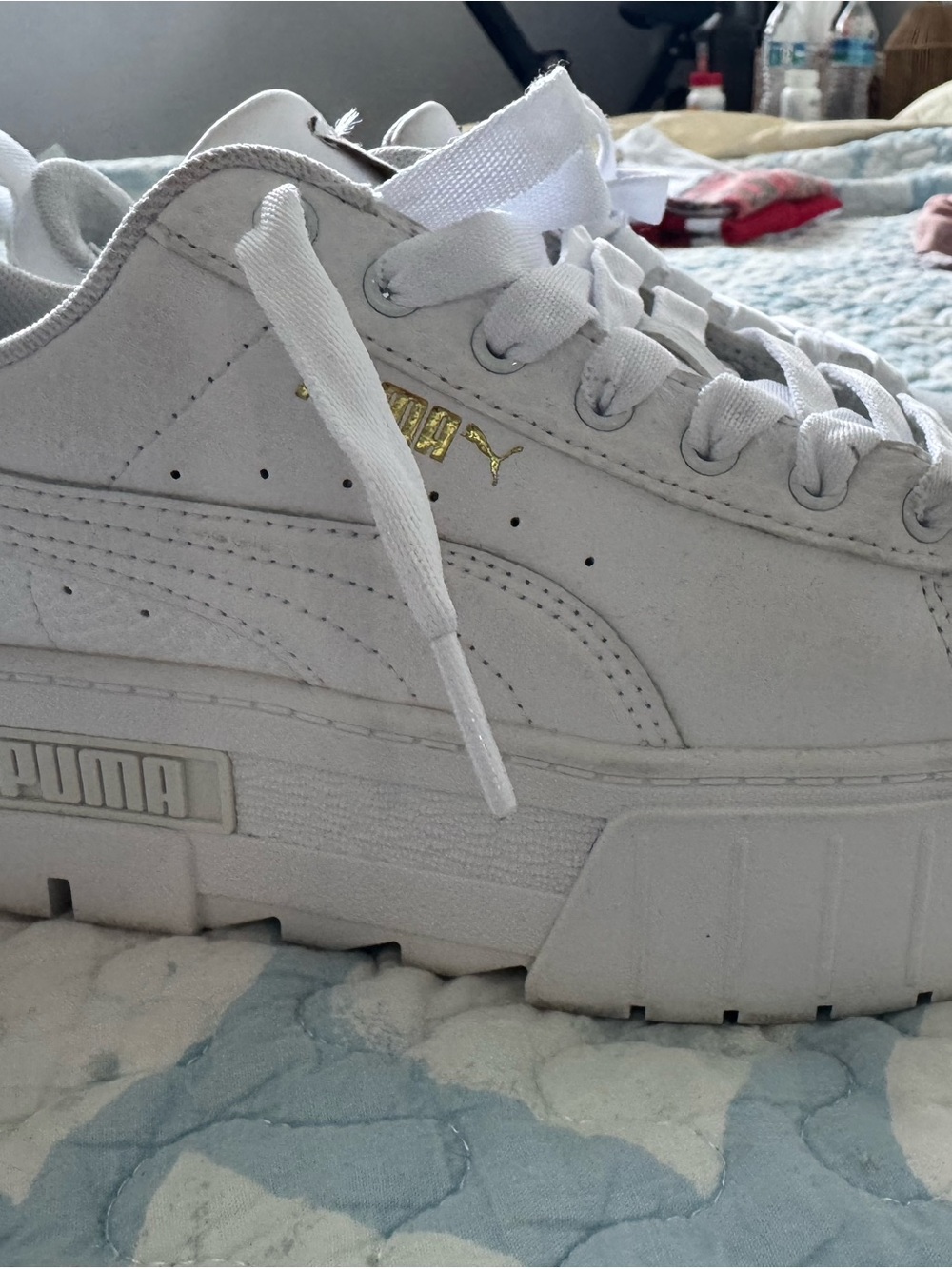 Puma Kids White Platform Suede-Style Sneakers with Gold Accent